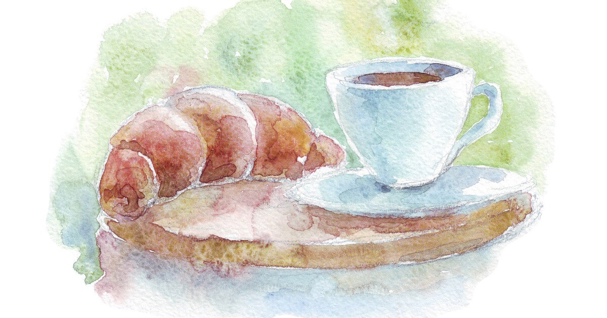 coffee-and-croissant-on-plate-illustration-id680220734